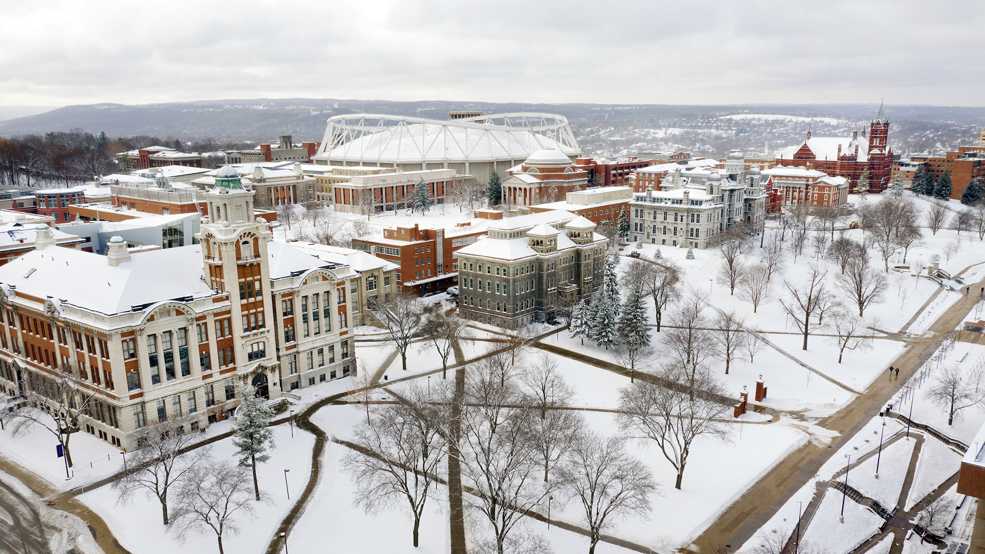 Aerial winter scene of Syracuse University campus